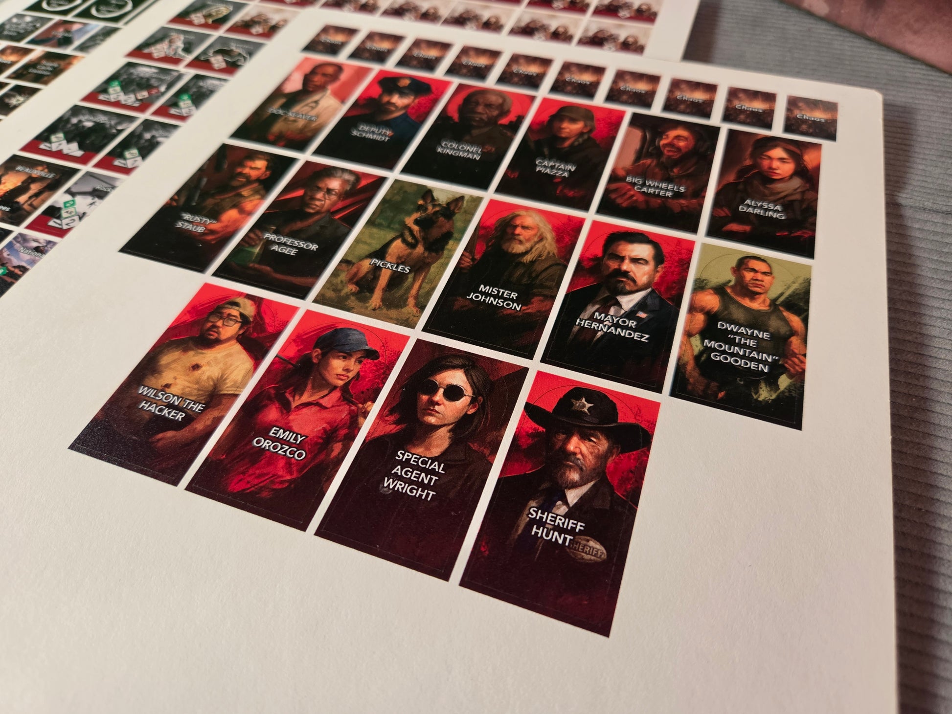 Collection of game counters from "Dawn of the Zeds", featuring survivors from featured game.