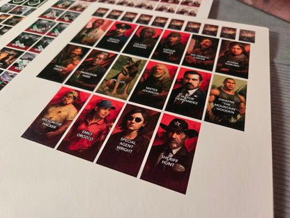 Collection of game counters from "Dawn of the Zeds", featuring survivors from featured game.