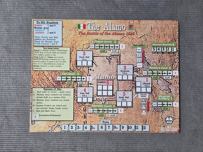 Board game map of 'The Alamo' with text and symbols on a textured surface