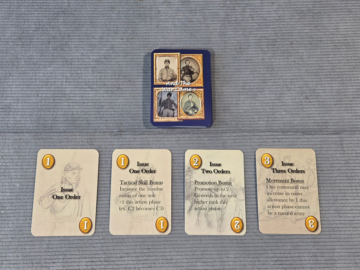 A set of four illustrated cards laid out on a gray textured surface, with a small blue card stack or box centered above them. The cards show vintage-style portraits and text, including titles such as Issue One Order and Issue Two Orders.
