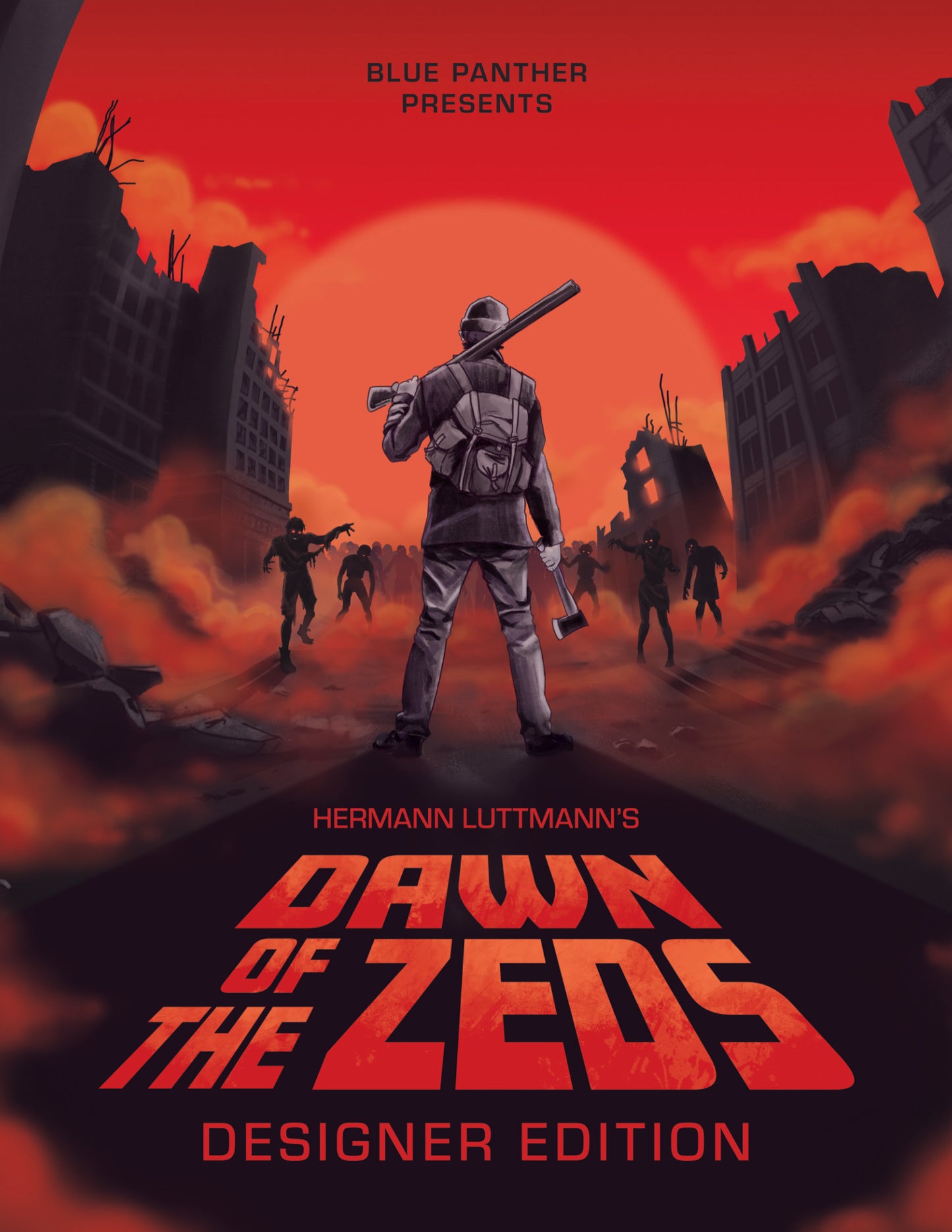 Poster for 'Dawn of the Zeds' with a survivor holding a gun against a red sky with zombies.