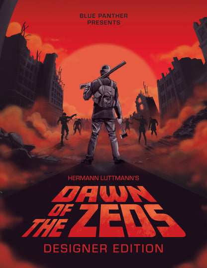 Poster for 'Dawn of the Zeds' with a survivor holding a gun against a red sky with zombies.