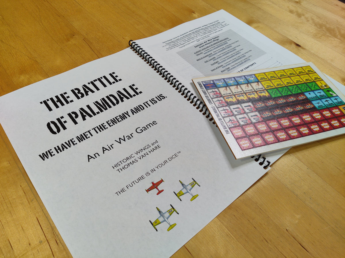 Game book titled 'The Battle of Palmdale' on a wooden surface