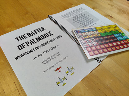 Game book titled 'The Battle of Palmdale' on a wooden surface